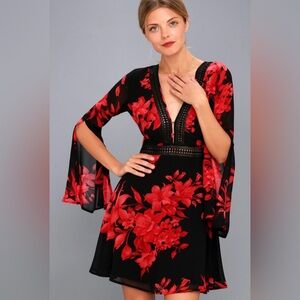 Lulu’s ‘Feel the Love’ Black and Red Floral Print Bell Sleeve Dress